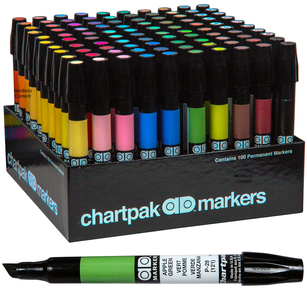 Chartpak Ad Markers AD100, Tri-Nib 100 Color Set in Slot Caddy